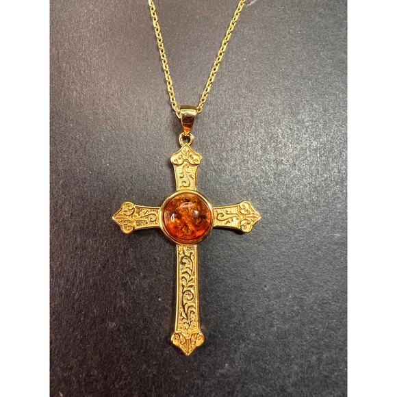 NEW Baltic Amber cross pendant in gold over sterling silver - Picture 4 of 16